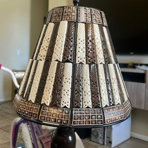 Vintage boho, carved bone, lamp shade in brown and cream, beaded bone lampshade